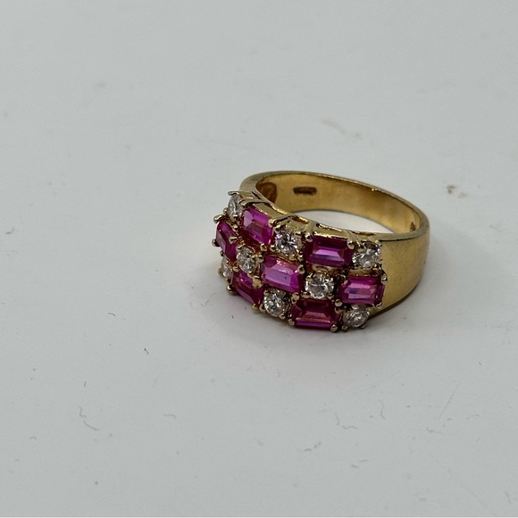 Sz. 8.75 Vintage Cocktail Sterling Silver & Gold Ring with Pink Rubies& Diamond - Picture 3 of 14